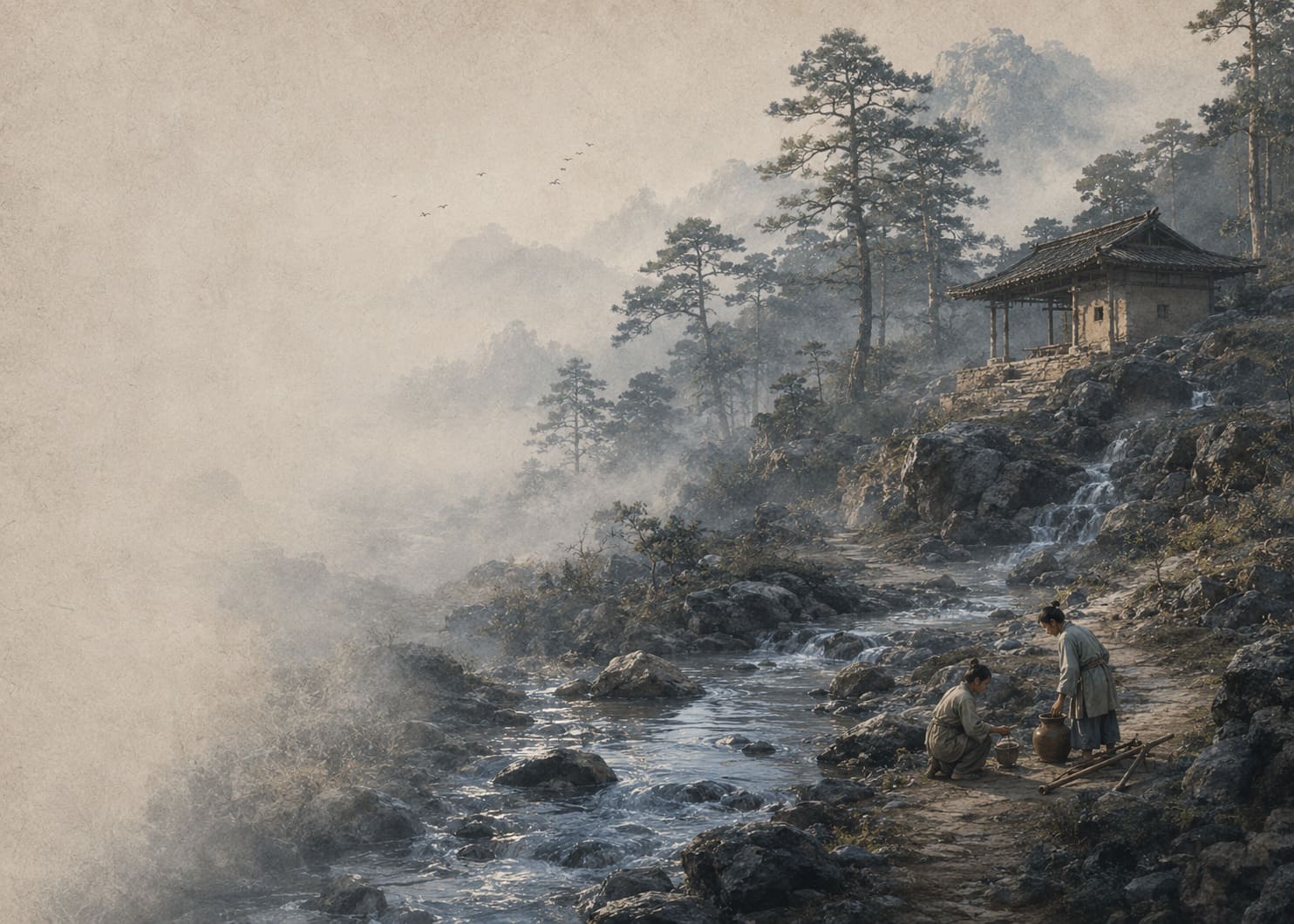 汉代山林泉水与古人取水的水墨场景