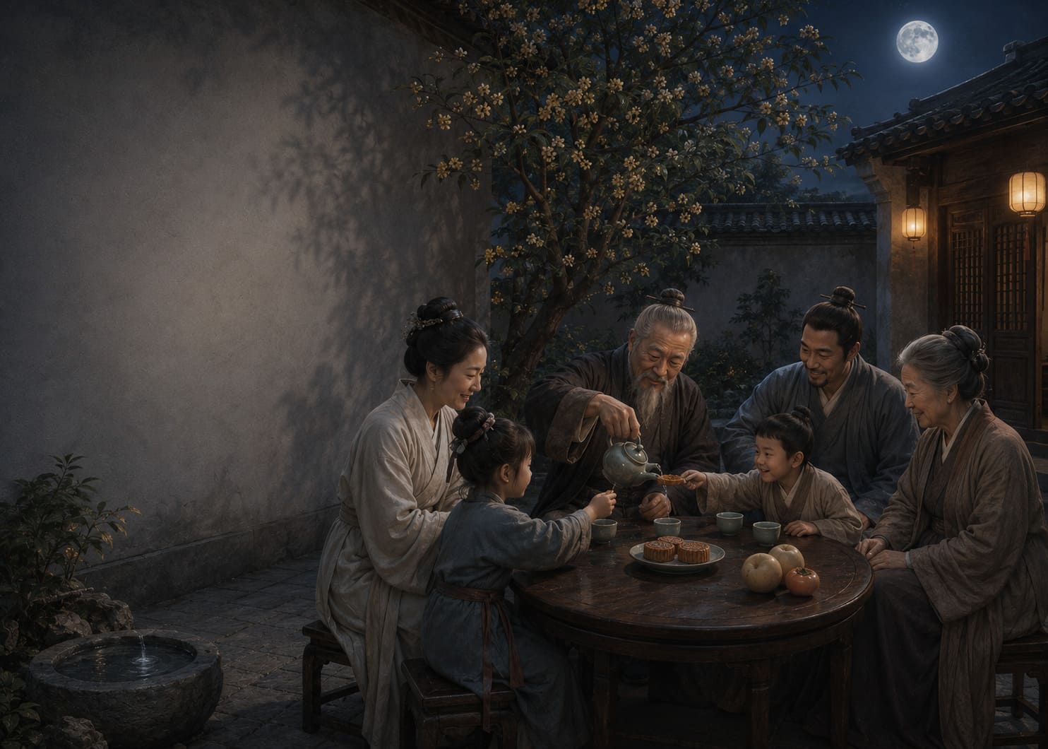 明代中秋庭院中一家人围坐赏月的温馨场景