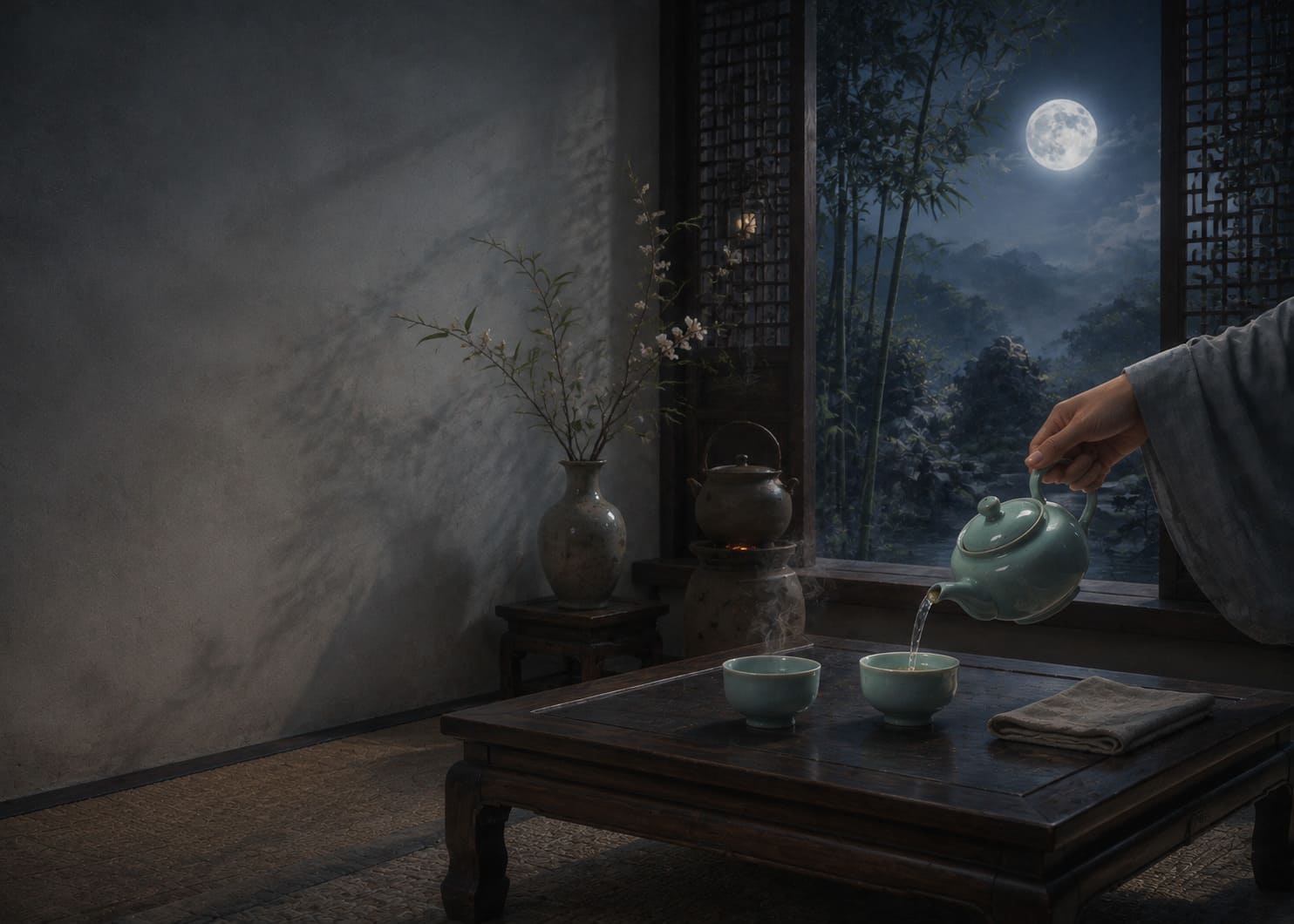 宋代雅致茶席与月色窗景