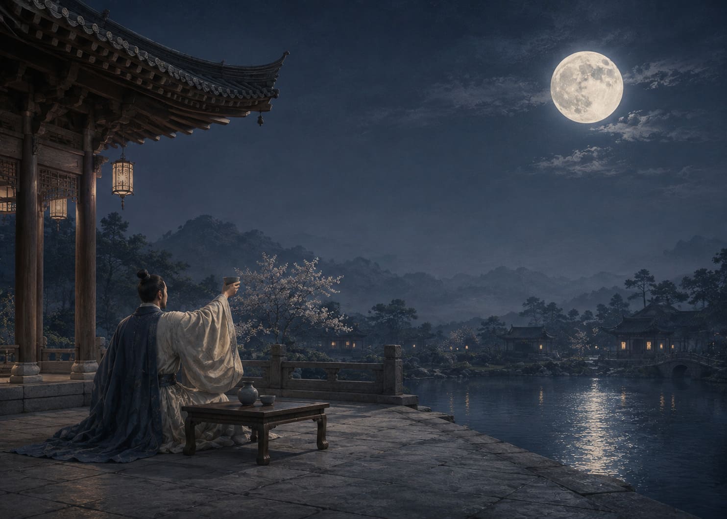 唐代庭院中人物在月下举杯赏月的古典场景